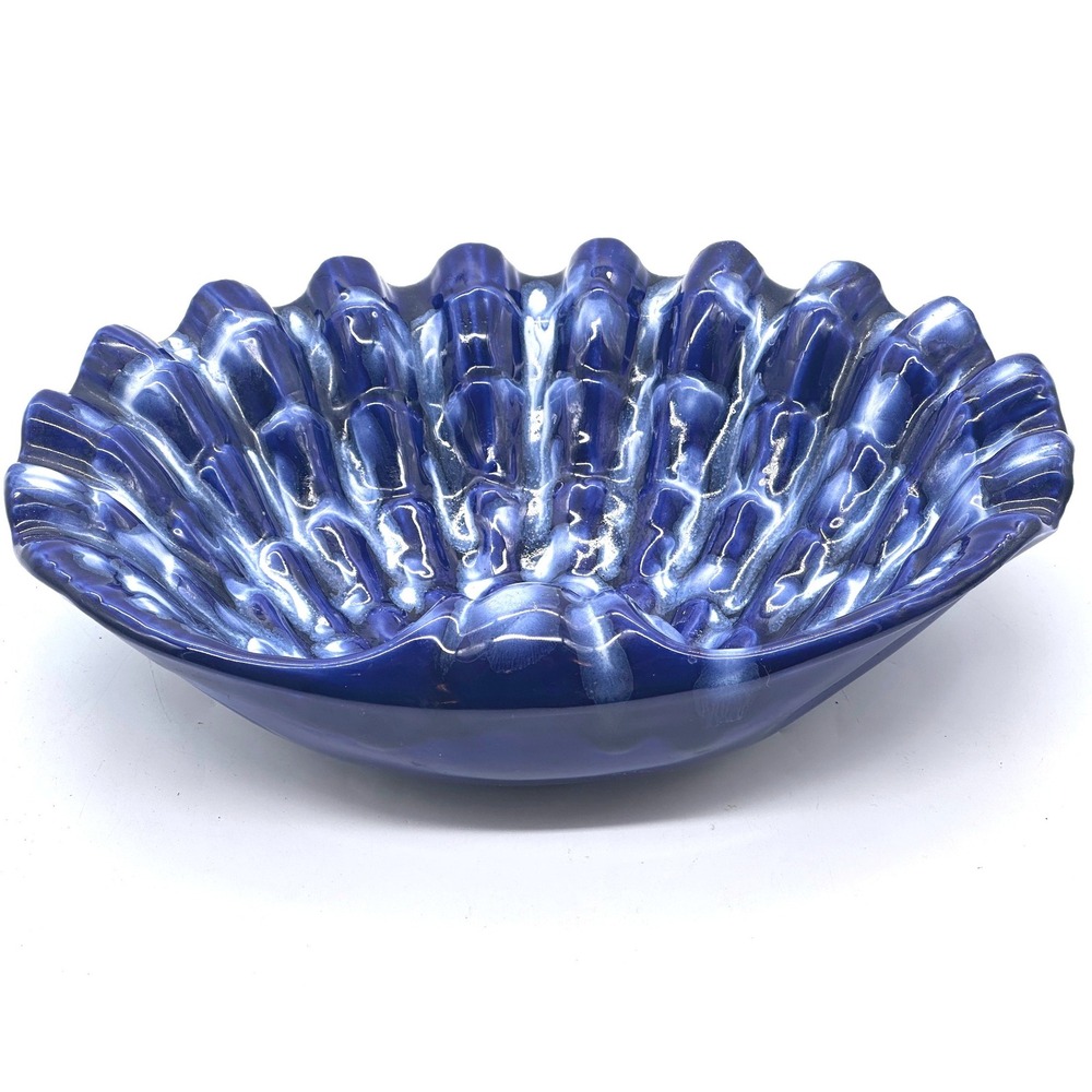 Vintage Cobalt Blue Drip Glaze Ceramic Shell Bowl Scalloped Ribbed Catchall